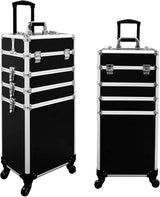 4 in 1 Professional Rolling Aluminum Cosmetic Makeup Train Organizer Storage Case Artist Train Case Salon Beauty Cosmetic Jewelry Organizer Trolley with 4 Wheels (All Black)
