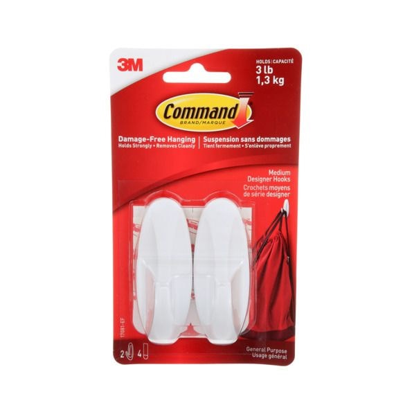 Medium Designer Hooks with Adhesive Strips, White, 3-lbs, 2 Strips per Pack A5847