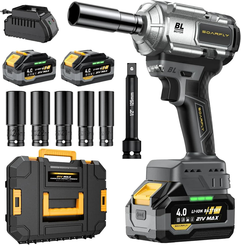 Cordless Impact Wrench, 1200Nm(900ft-lbs) High Torque 1/2'' Impact Wrench, 21V Brushless Electric Impact Gun with 2Pcs 4.0Ah Batteries, 1 Hour Fast Charger, 5 Sockets, Power Impact Driver for Car Home P3989