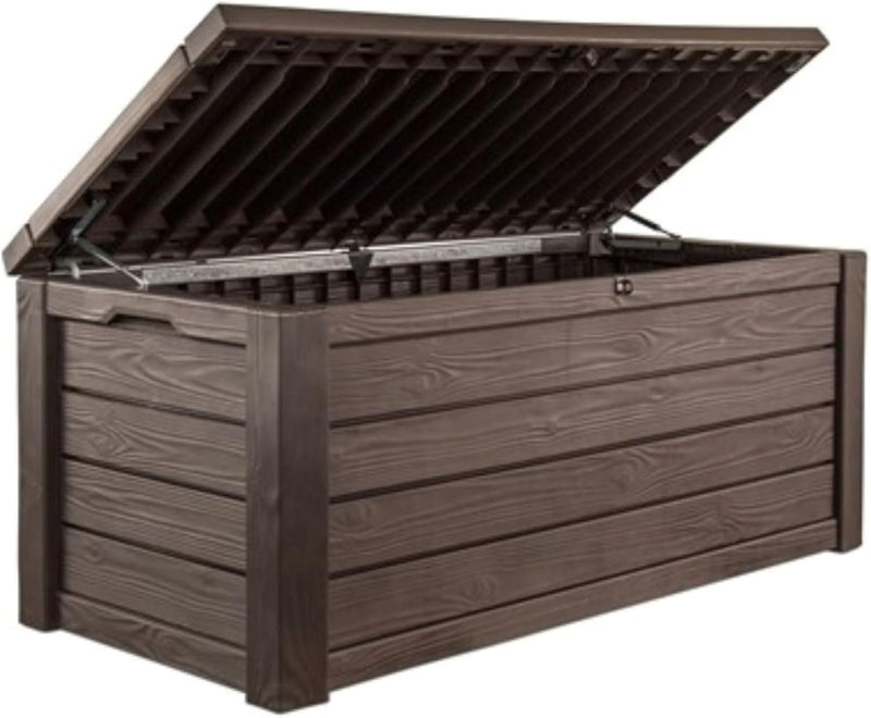 570-liter storage box, all-weather resin boat-shaped storage box, and stylish outdoor bench with piston-assisted lockable lid and side handles, dark coffee color version V5449