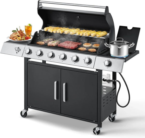 Upgraded 4 Burner BBQ Propane Gas Grill with Cast Iron Grates & Side Stove, 44,000 BTU Stainless Steel Burner Barbecue Grill for Patio, Camping, Outdoor Cooking MELLCOM T5339
