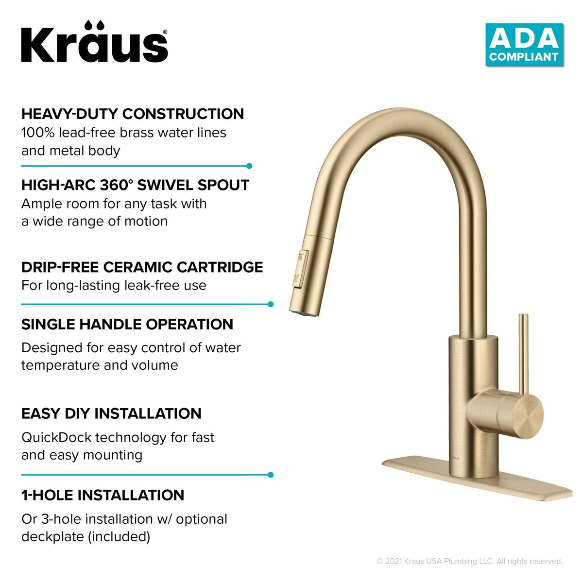 Oletto Pull-Down Single Handle Kitchen Faucet with QuickDock Top Mount Installation Assembly, Spot Free Antique Champagne Bronze