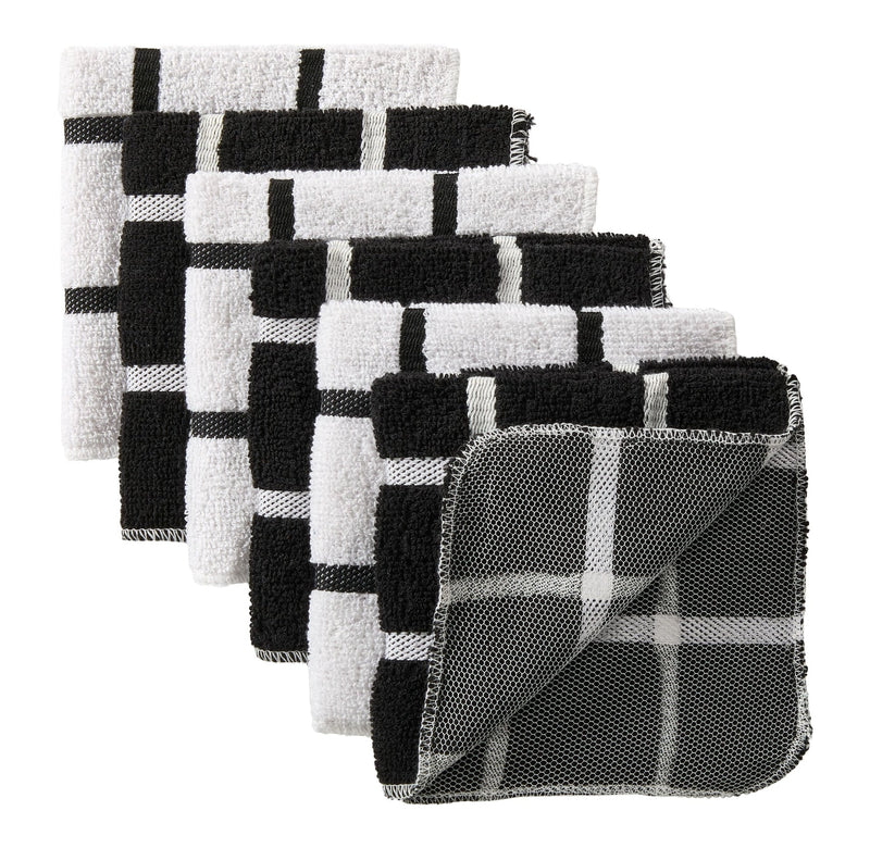 Terry Checkered Dish Cloths with Scrubber, Black, 6-pk H5589