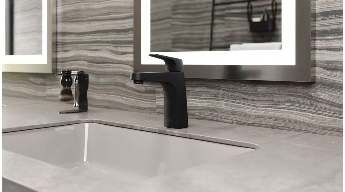Matlock Single Handle High Arc Single Hole 4-in Centreset Bathroom Sink Faucet, Push & Seal Drain, Matte Black