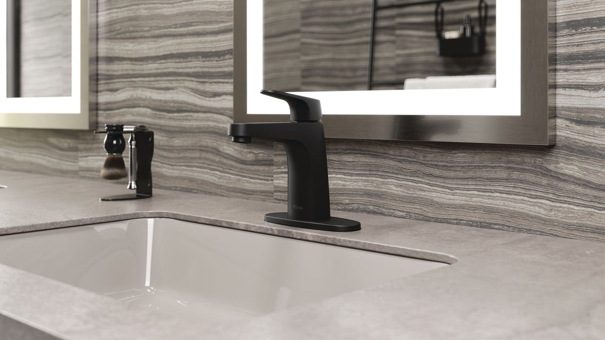 Matlock Single Handle High Arc Single Hole 4-in Centreset Bathroom Sink Faucet, Push & Seal Drain, Matte Black