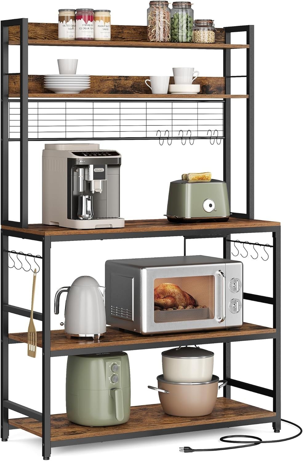 Home Rustic Brown Baker's Rack with 4 AC Outlets