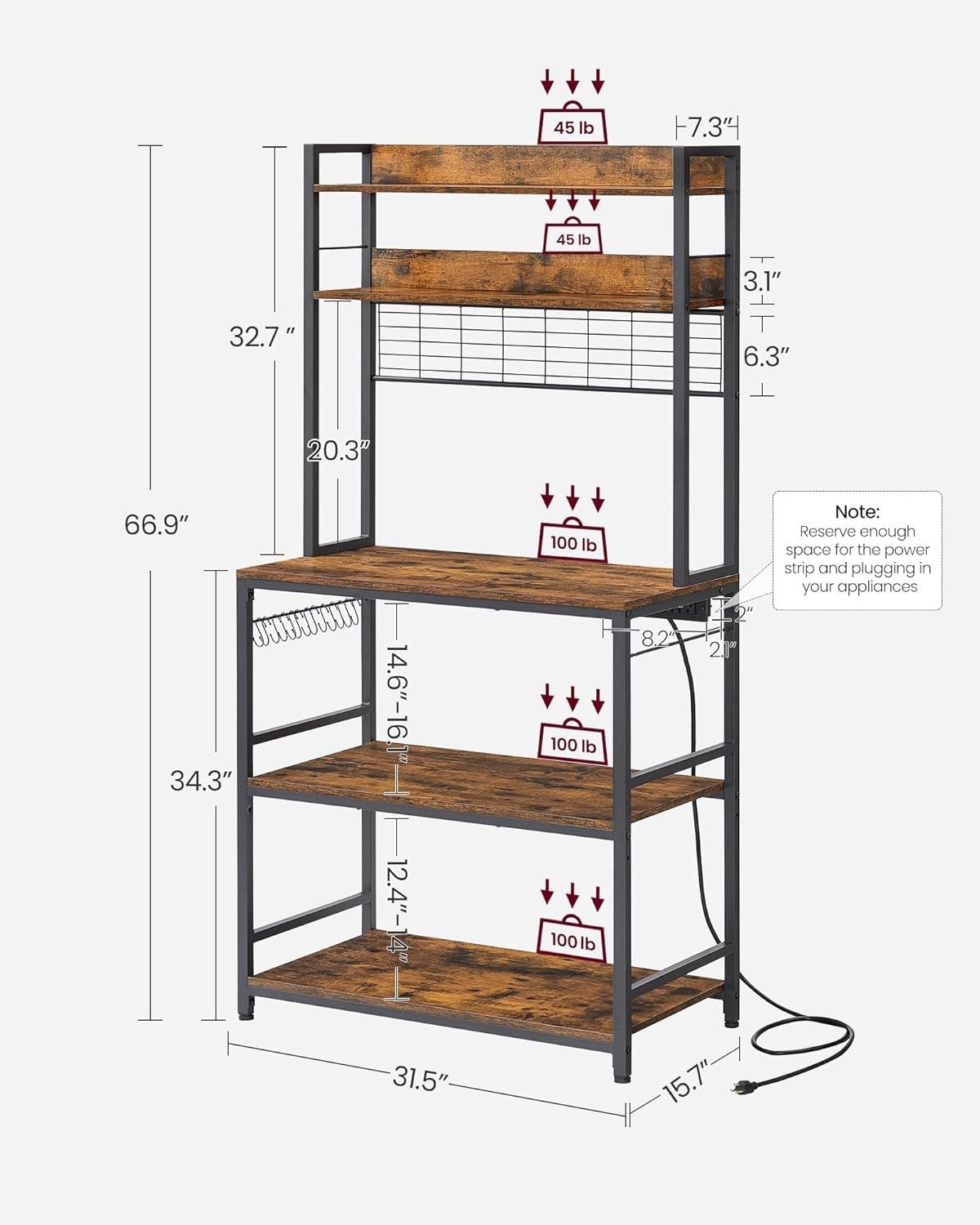 Home Rustic Brown Baker's Rack with Charging Station