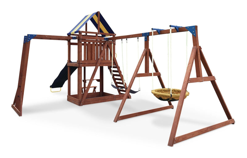 Grand Mesa Outdoor Wooden Play Centre, with Swings, Slide, Sandbox and More, Ages 5+ N7420