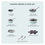 Ceramic Inspire Non-Stick Cookware Set, Dishwasher & Oven Safe, Mint, 12-pc