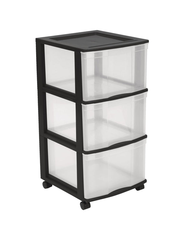 Clear Black Frame 3-Drawer Storage Tower/Cart with Wheels, 24-in N8100