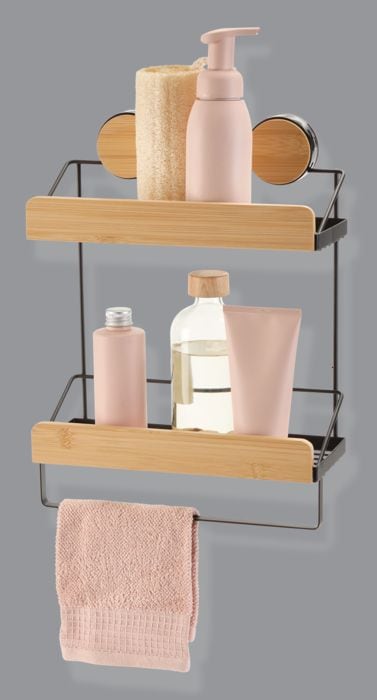 Wall Mounted 2-Tier Shower Rack, Black/Bamboo R8371