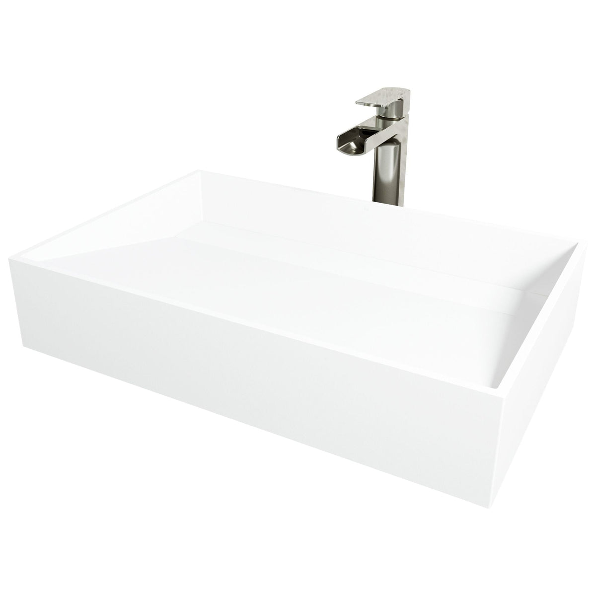 Starr Glass White Bathroom Sink/Basin Set with Amada Faucet and Rectangular Composite Vessel